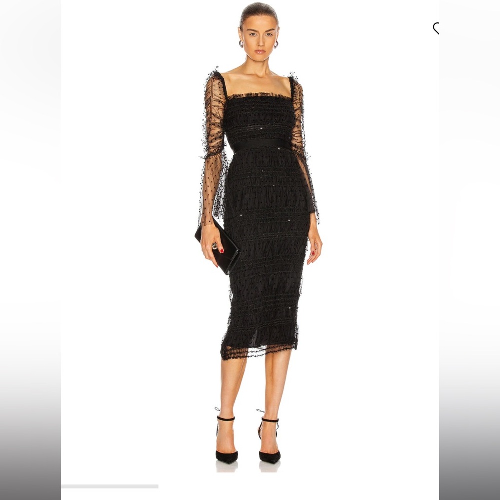 NWT Self-Portrait Black Dot Long-Sleeve Mesh Midi Dress Size US08